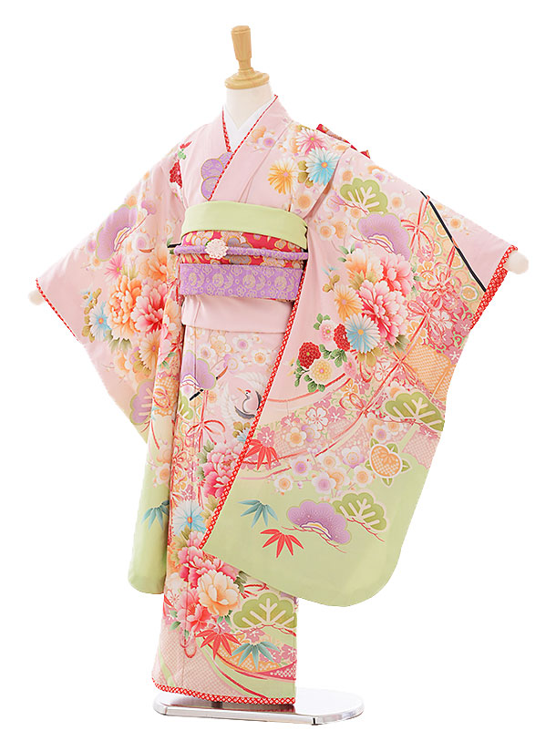 七五三レンタル(6歳7歳女児結び帯) 乙葉／ピンク×若草色菊牡丹几帳