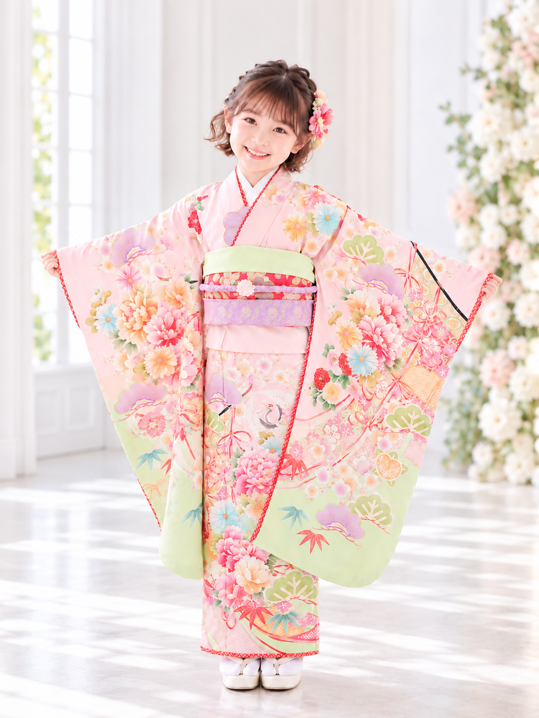 七五三レンタル(6歳7歳女児結び帯) 乙葉／ピンク×若草色菊牡丹几帳