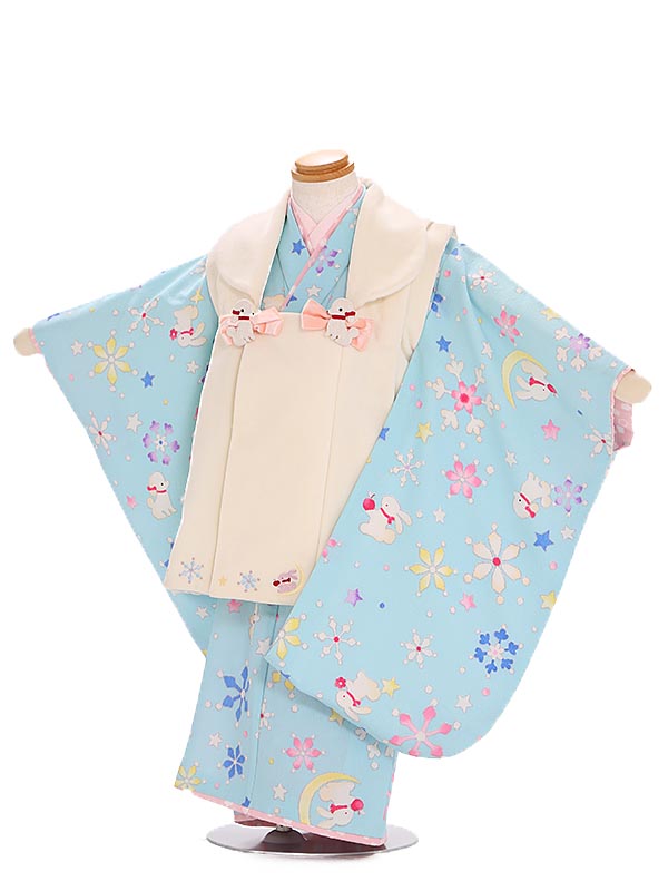 七五三レンタル(3歳女児被布) pomponette／白×水色犬うさぎ
