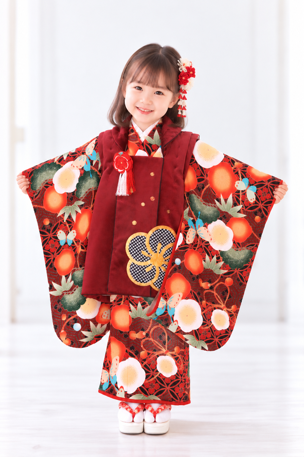 七五三レンタル(3歳女児被布) 九重／えんじねじり梅×えんじ松竹梅蝶