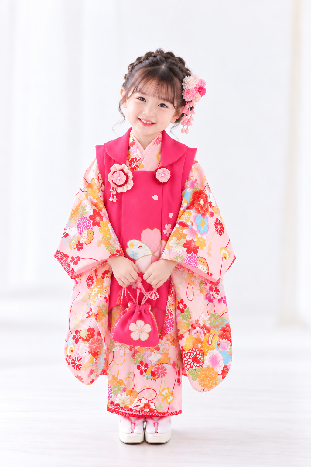 七五三レンタル(3歳女児被布) 乙葉／ピンク桜×薄ピンクうさぎ小槌