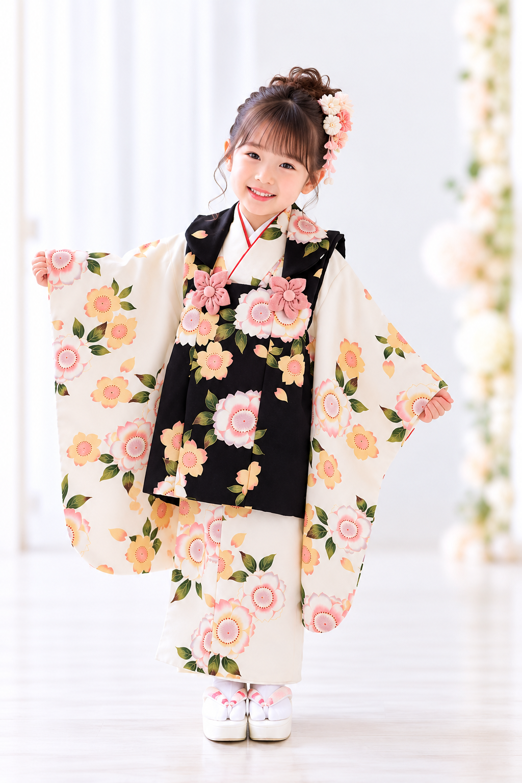 七五三レンタル(3歳女児被布) ／黒桜×白八重桜