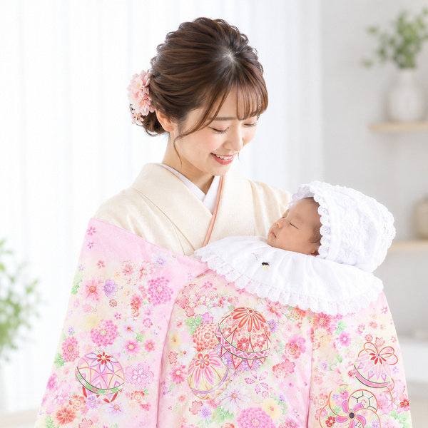 お宮参り 産着 女の子 レンタル 初着 祝着 ピンク 毬と花々 [HO-G01]