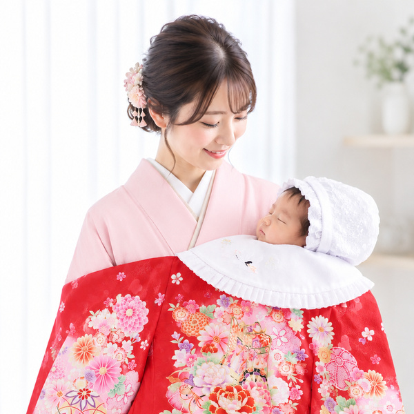 お宮参り 産着 女の子 レンタル 初着 祝着 赤 毬と蝶・花々 [HO-G02]