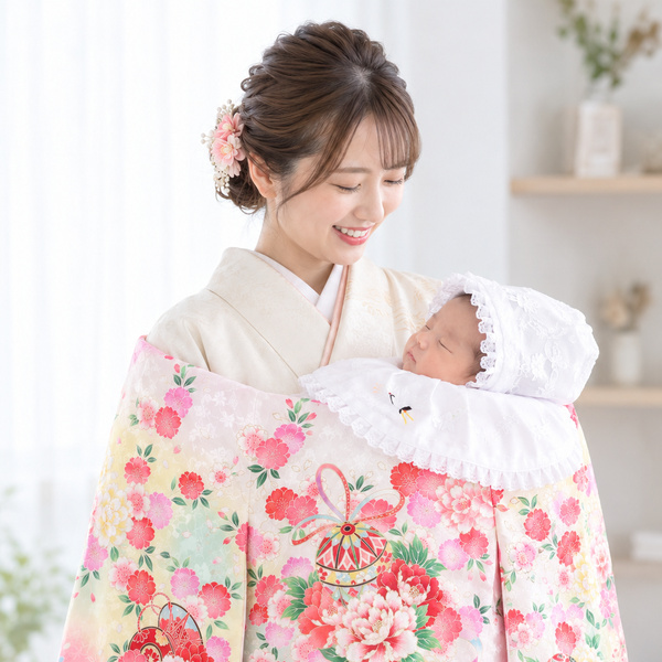 お宮参り 産着 女の子 レンタル 初着 祝着 白・ピンク グラデーション 手毬と花々 [HO-G04]