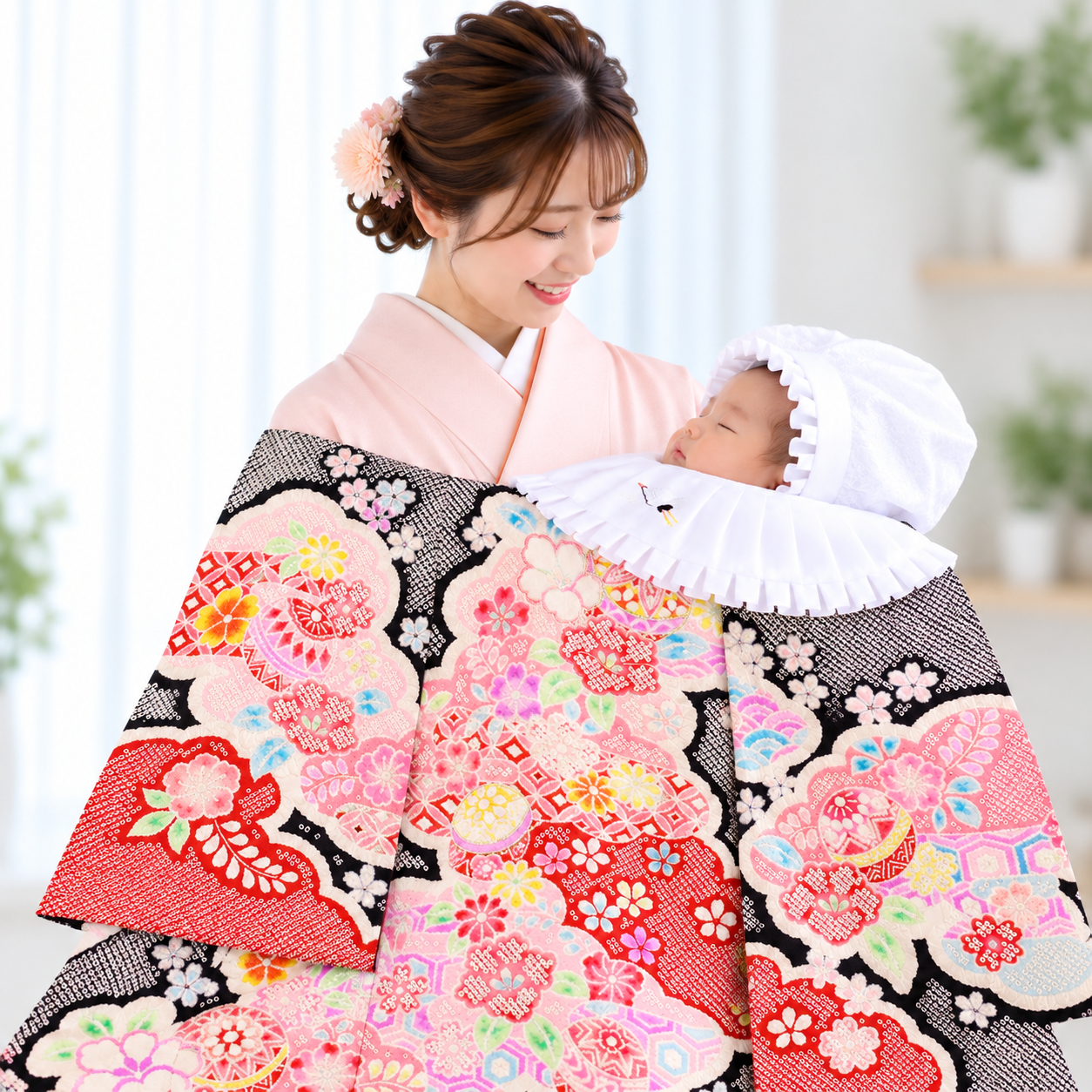お宮参り　女の子 産着【正絹】　［黒地に絞り調・鞠と四季花］高級感あふれる可憐な着物