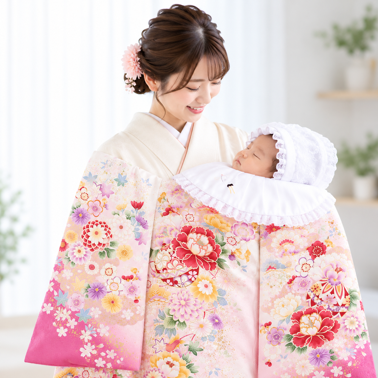 お宮参り 産着 女の子 レンタル 初着 祝着 白・ピンク ぼかし手毬と花々 [TS-G09]
